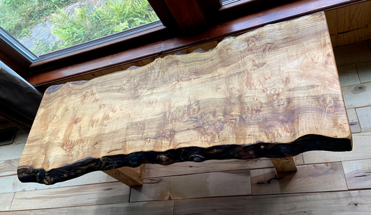 Live Edge Curly Maple Burl Wood Coffee Table with Spalting & Bird's Eye
