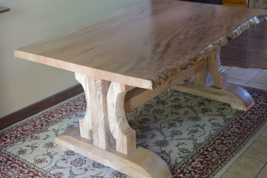  unique hardwood sycamore dining room table slab and trestle legs