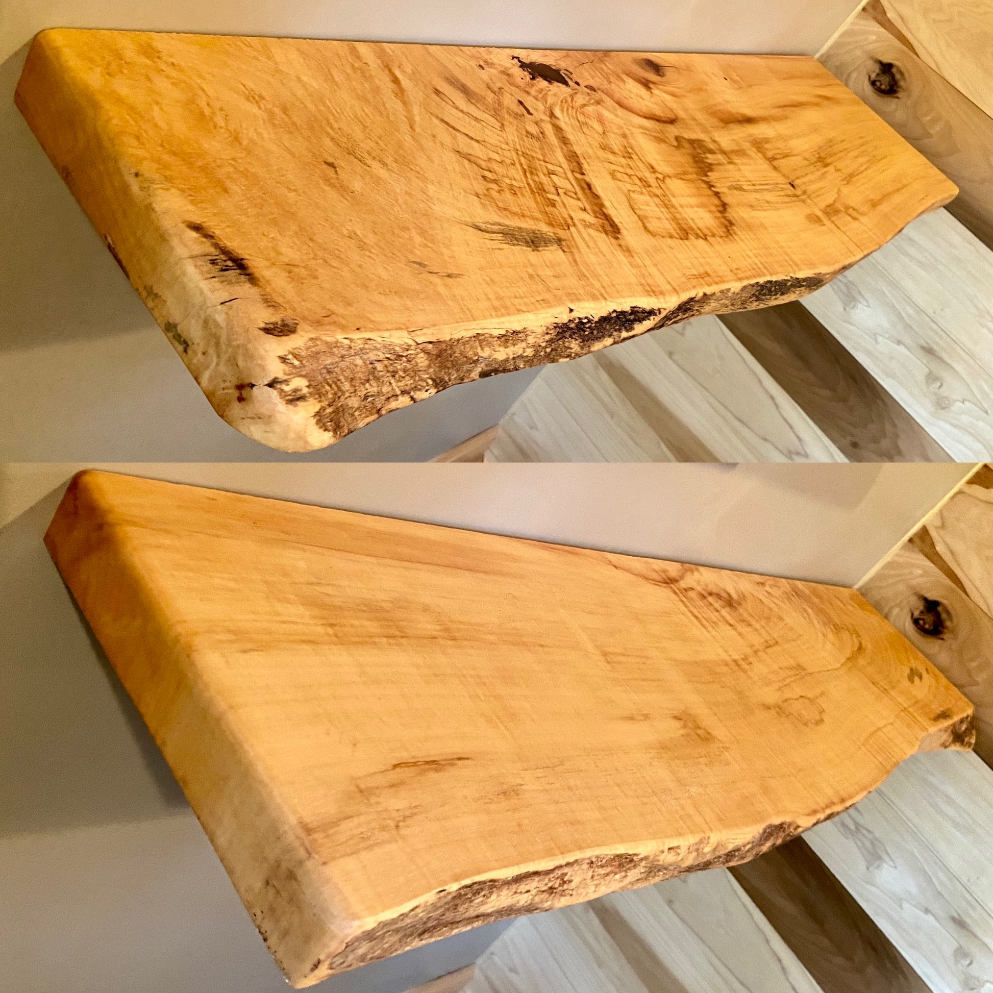 Set of 2 Live Edge Maple Flame Boxelder Wood Floating Display Shelves|Live Edge Maple Wood Wall Hanging Shelves|Hanging Wood Plant Shelves