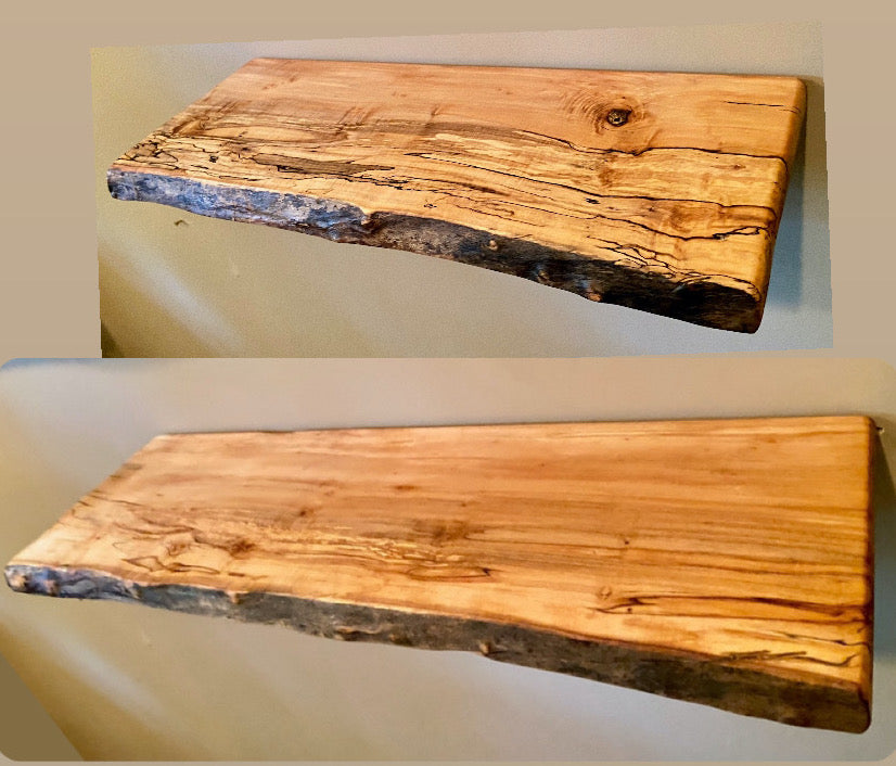 quick ship - Set of 2 Live Edge Spalted Maple Floating Shelves Set|Pair of Ambrosia Maple Natural Edge Rustic Wood Shelves|Display Shelf Set