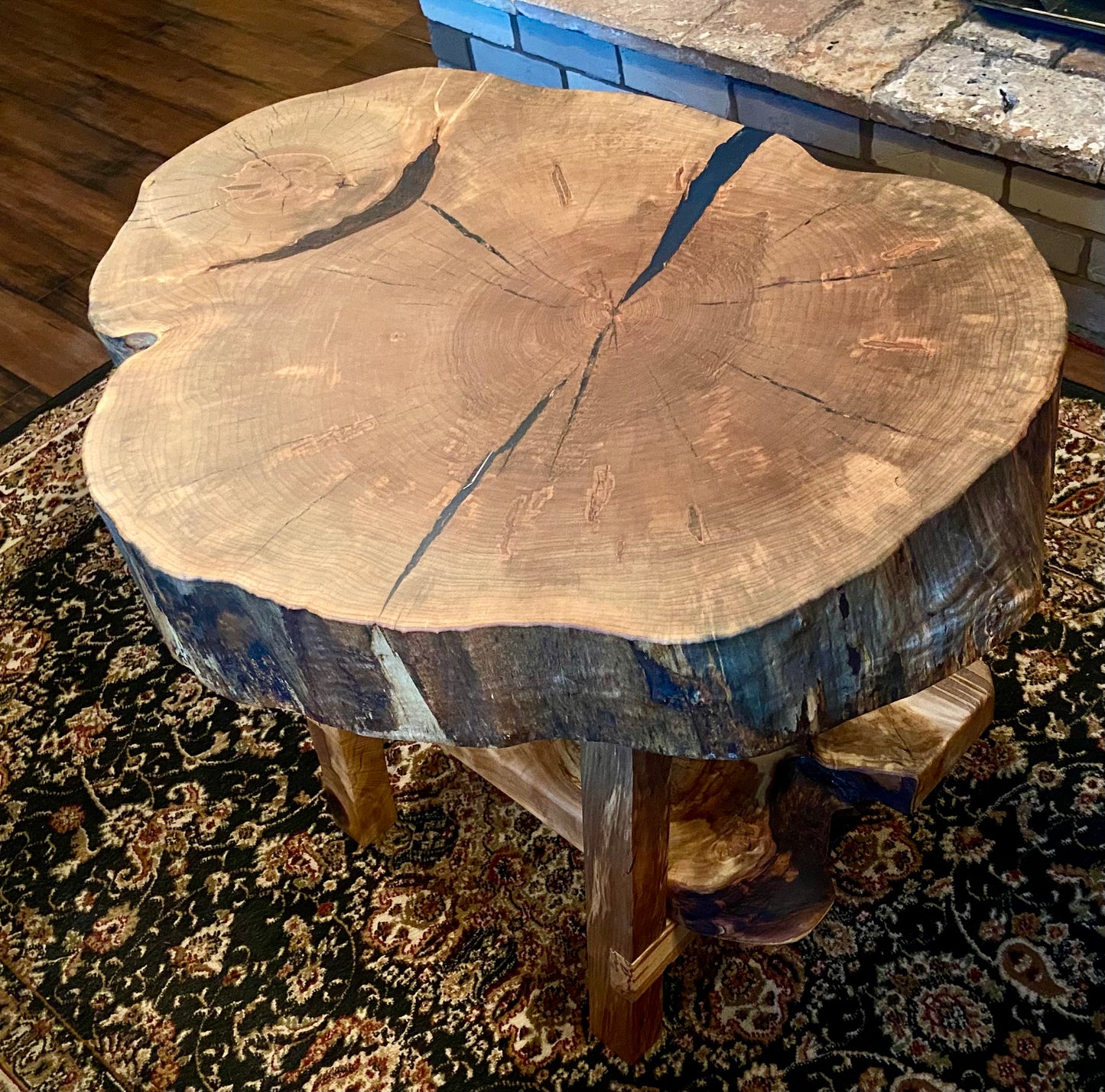 Beautiful live edge maple cross cut wafer table with shelf