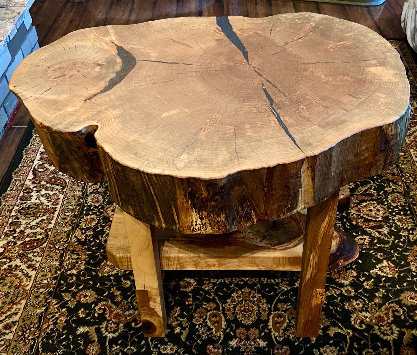 Beautiful live edge maple cross cut wafer table with shelf