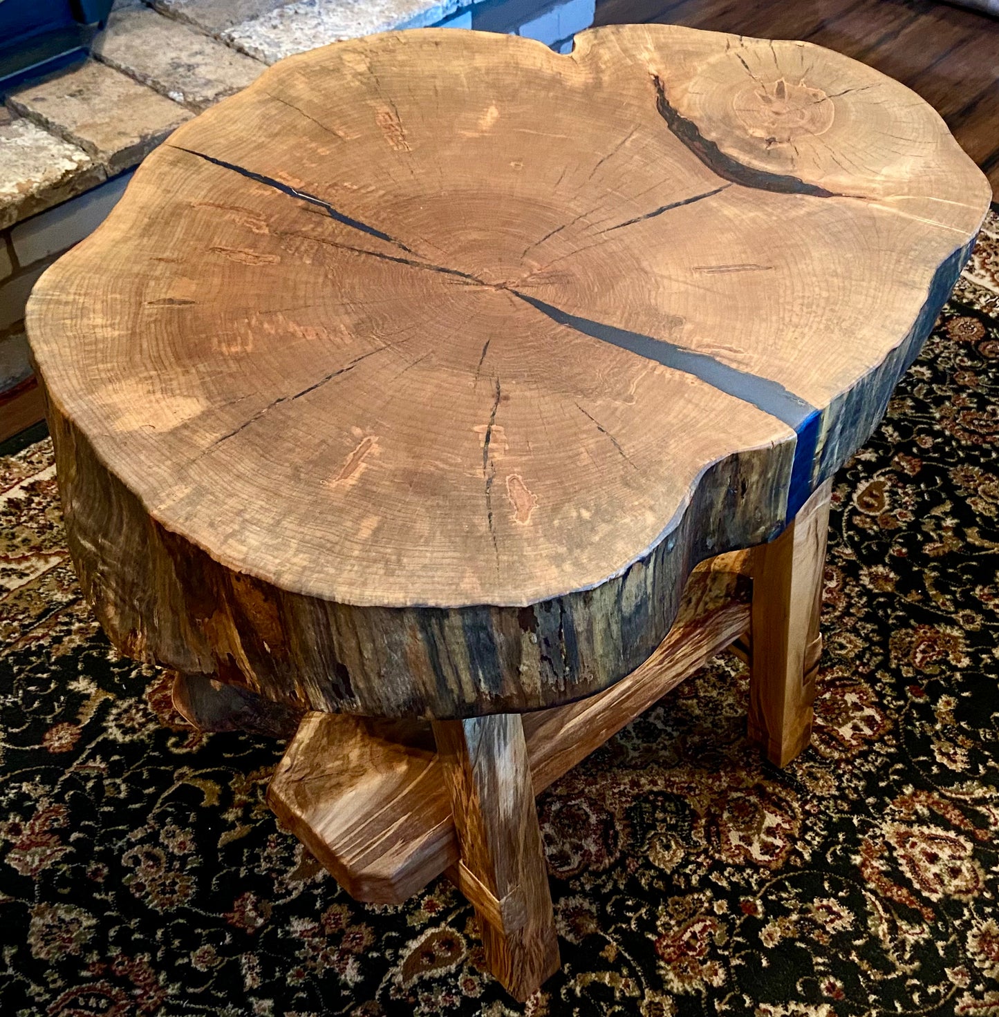 Beautiful live edge maple cross cut wafer table with shelf