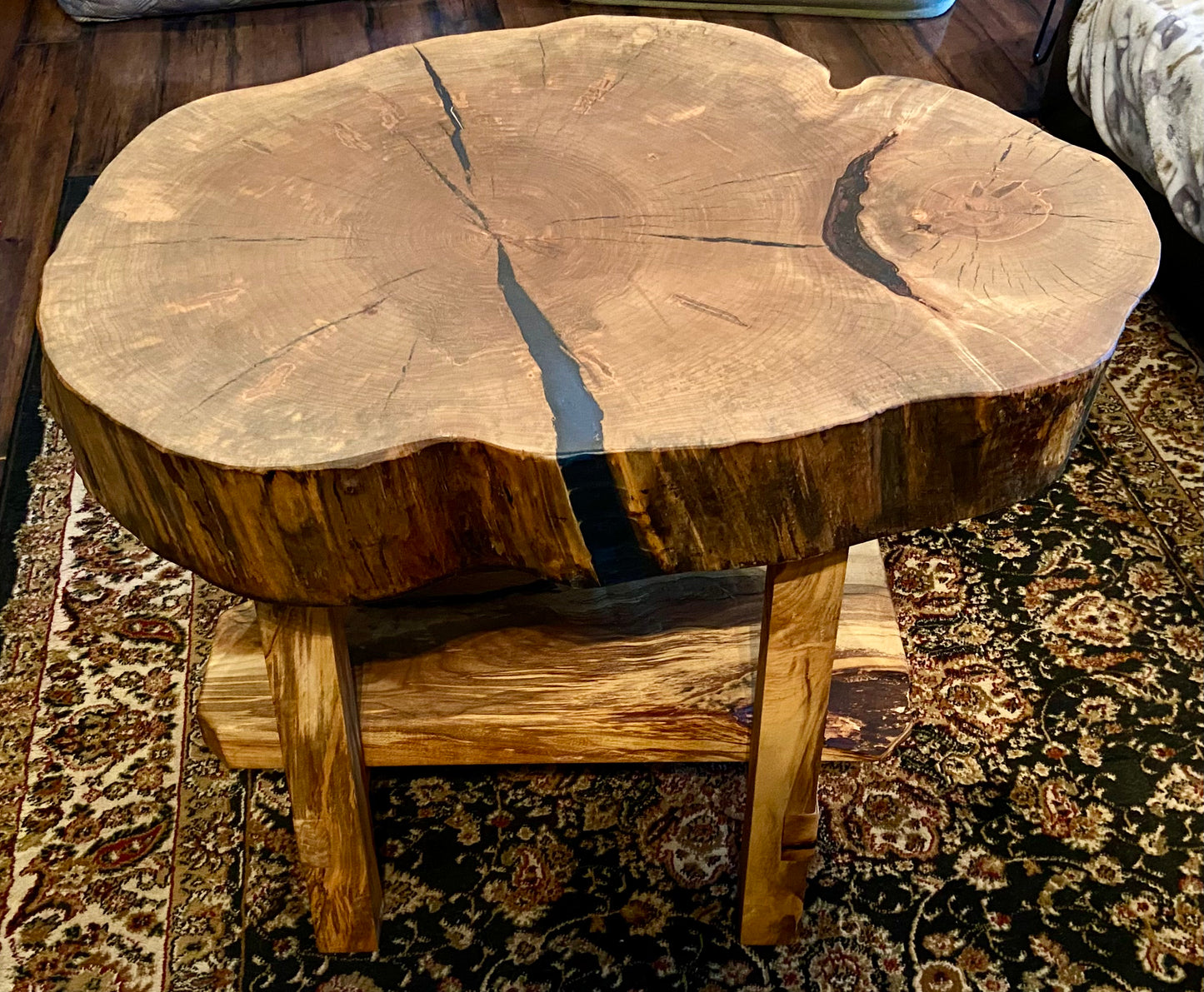 Beautiful live edge maple cross cut wafer table with shelf