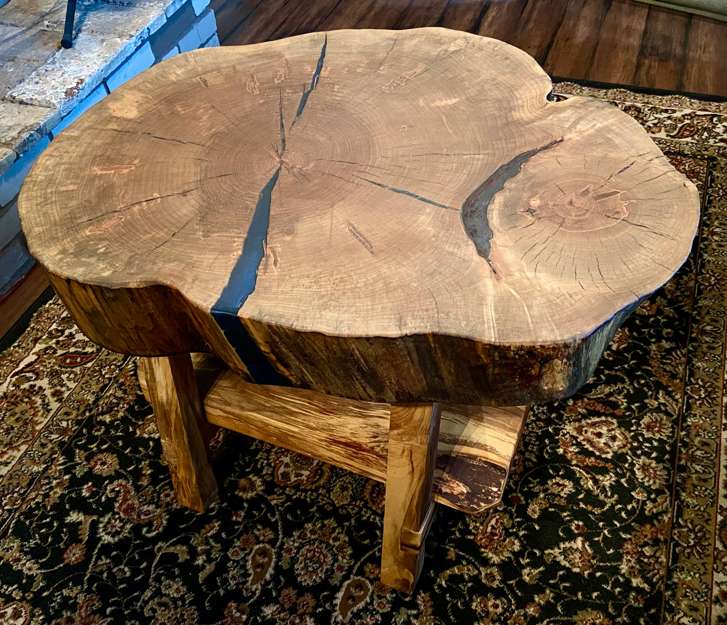 Beautiful live edge maple cross cut wafer table with shelf