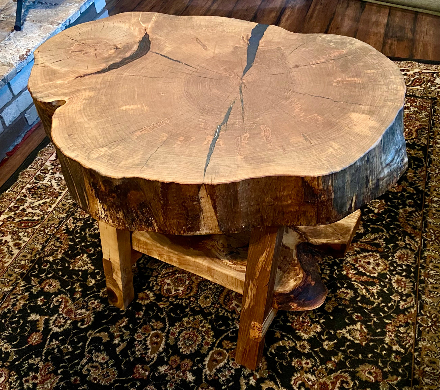 Beautiful live edge maple cross cut wafer table with shelf