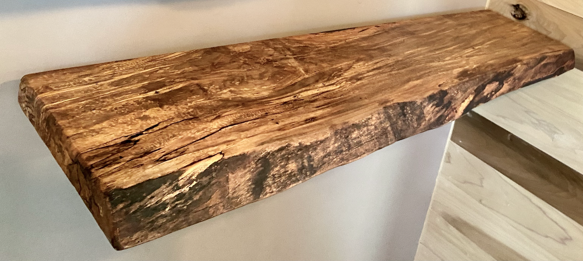 High Figure Live Edge Maple Wood Floating Shelf|Wormy Maple Natural Edge Wood Shelf|Ambrosia Maple Live Edge Rustic Wood Floating Shelf