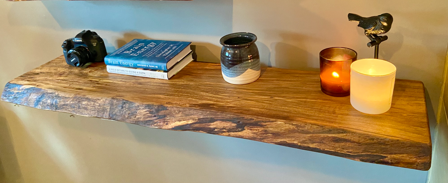 High Figure Live Edge Maple Wood Floating Shelf|Wormy Maple Natural Edge Wood Shelf|Ambrosia Maple Live Edge Rustic Wood Floating Shelf