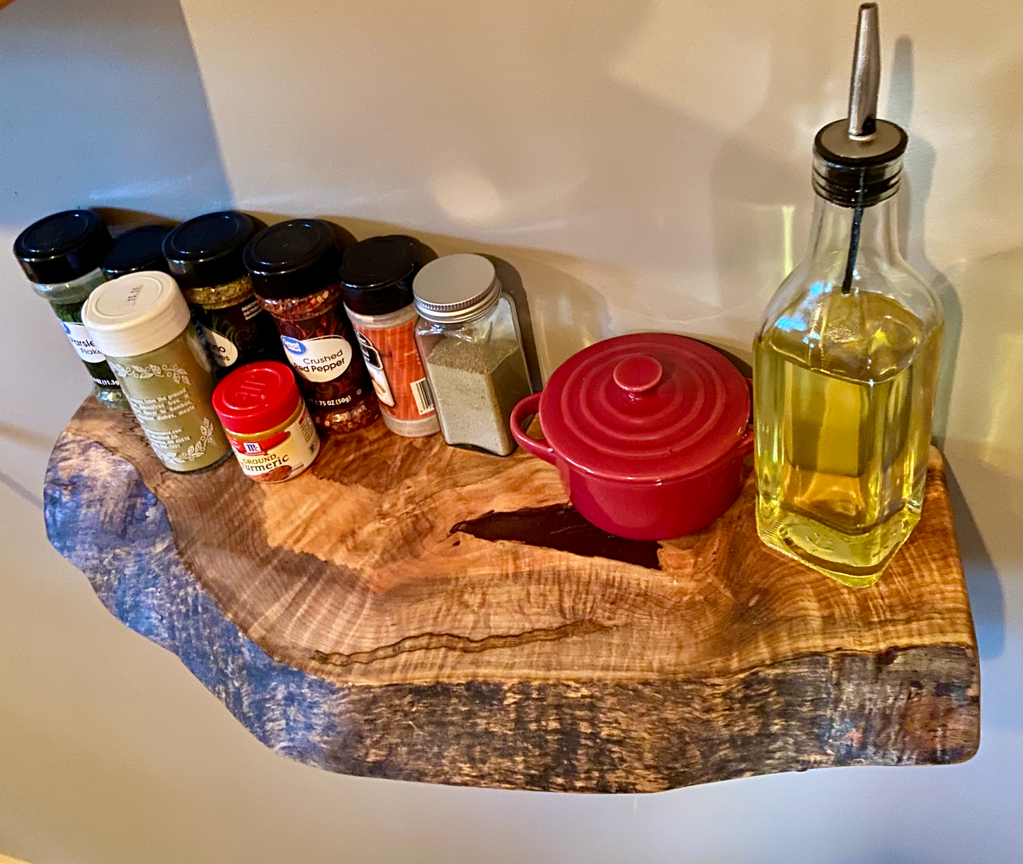 Small Live Edge Ambrosia Maple Wood Floating Shelf|Wormy Maple Natural Edge Wood Shelf|Curly Maple Live Edge Rustic Wood Shelf w/Red Epoxy