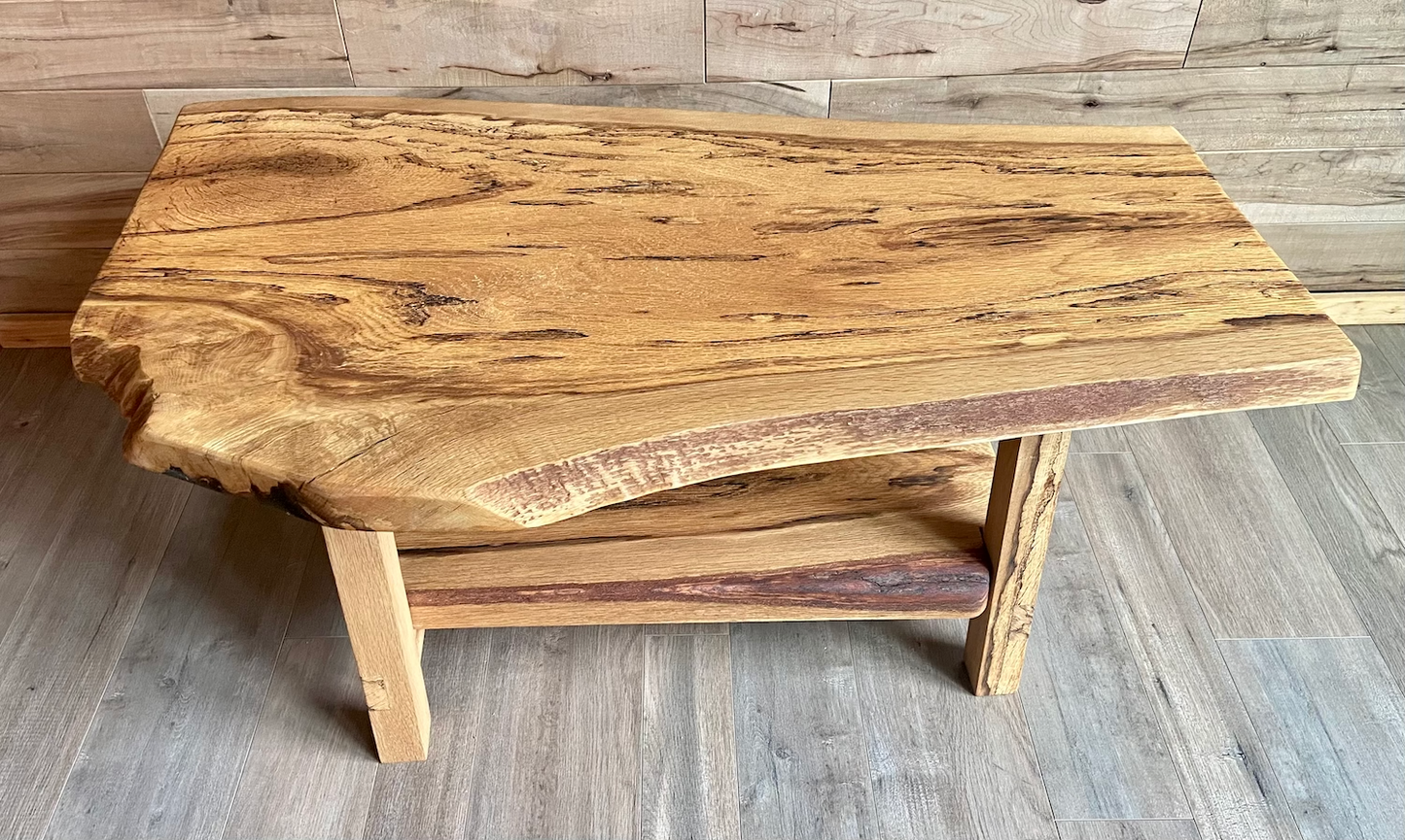 Unique Rustic Live Edge Spalted Oak Coffee Table w/Custom A - Shape Legs & Shelf