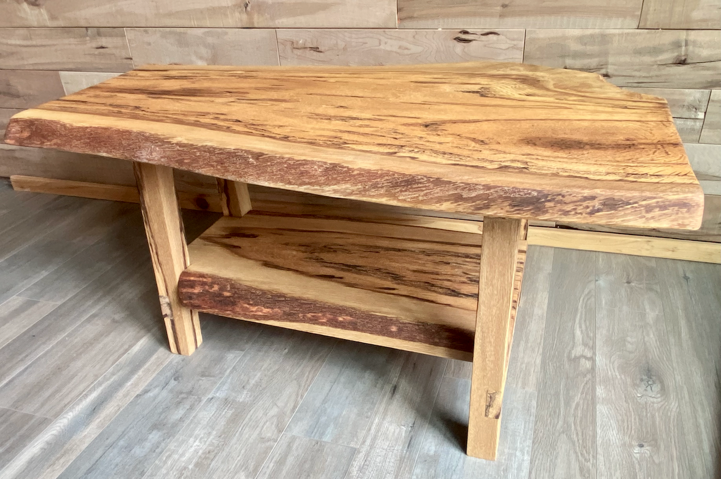 Unique Rustic Live Edge Spalted Oak Coffee Table w/Custom A - Shape Legs & Shelf