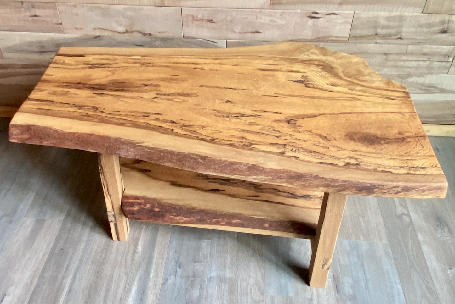 Unique Rustic Live Edge Spalted Oak Coffee Table w/Custom A - Shape Legs & Shelf