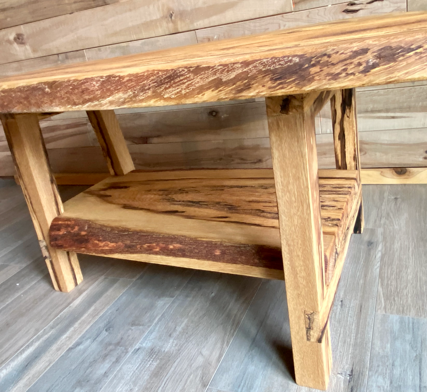 Unique Rustic Live Edge Spalted Oak Coffee Table w/Custom A - Shape Legs & Shelf