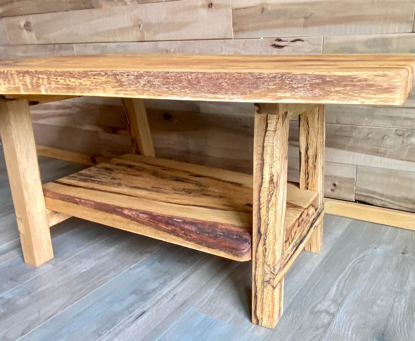 Unique Rustic Live Edge Spalted Oak Coffee Table w/Custom A - Shape Legs & Shelf