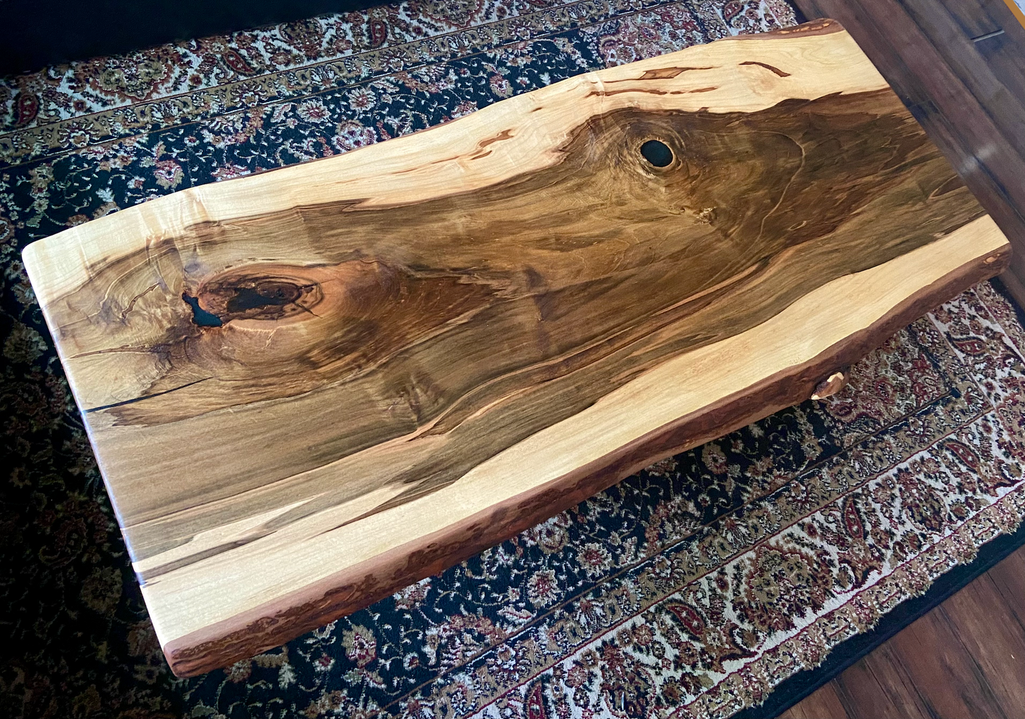 Live Edge Hardwood Ambrosia Maple Coffee Table with Deeply Rich Heartwood Center and Rough Sawn Edge Accents