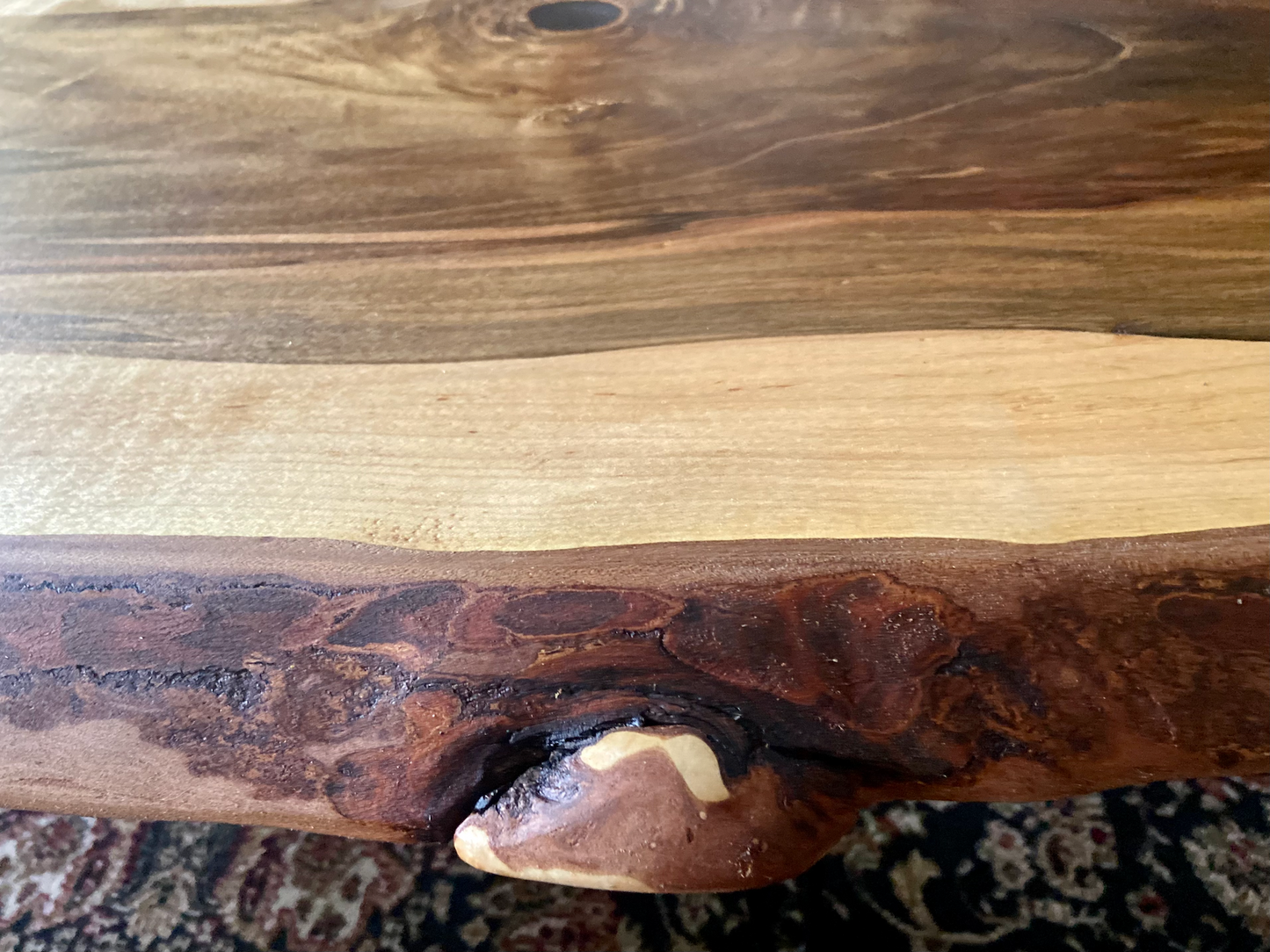 Live Edge Hardwood Ambrosia Maple Coffee Table with Deeply Rich Heartwood Center and Rough Sawn Edge Accents