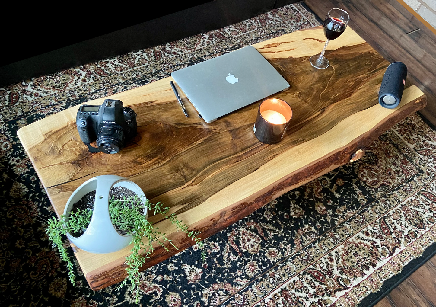 Live Edge Hardwood Ambrosia Maple Coffee Table with Deeply Rich Heartwood Center and Rough Sawn Edge Accents