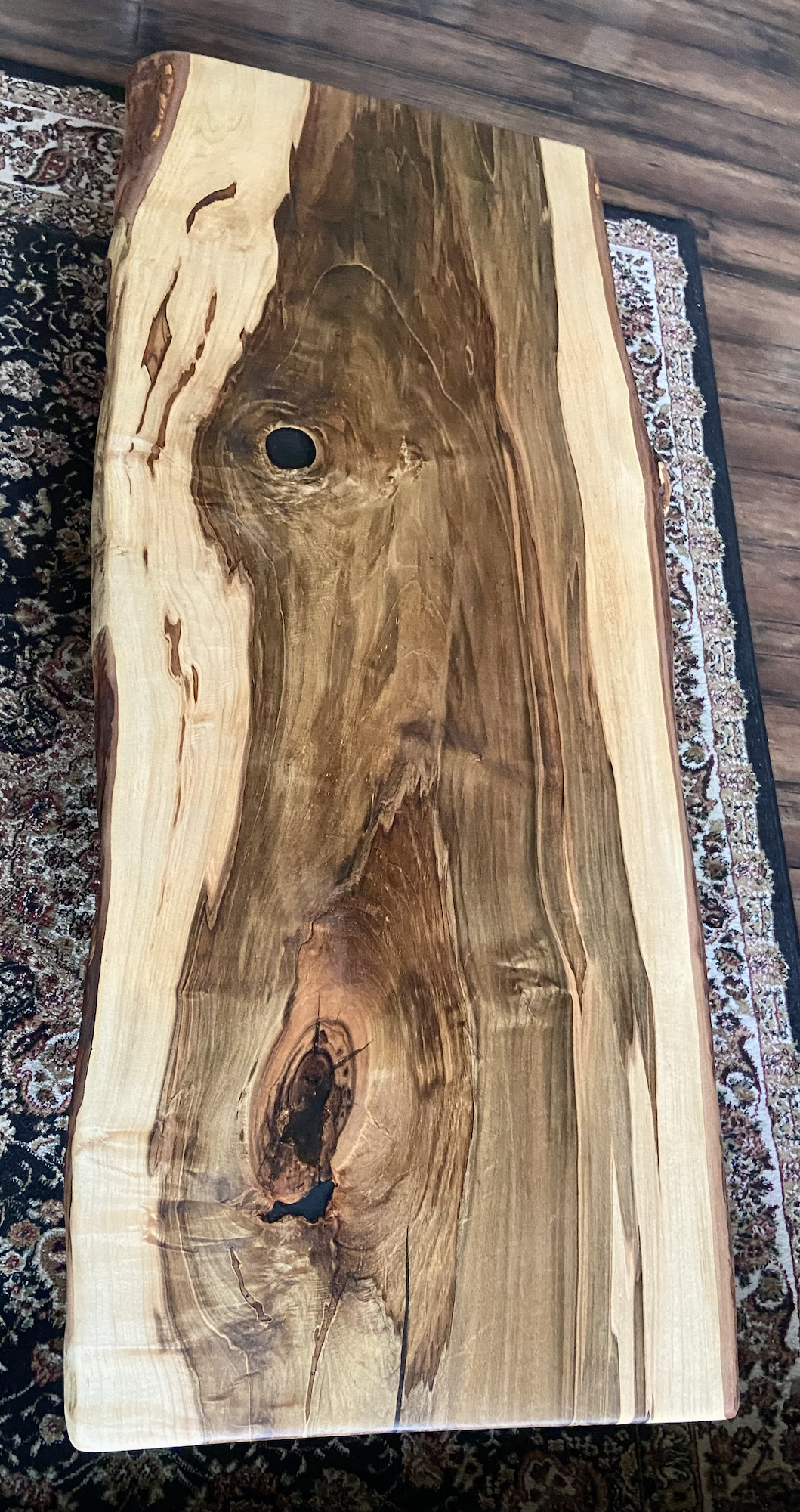 Live Edge Hardwood Ambrosia Maple Coffee Table with Deeply Rich Heartwood Center and Rough Sawn Edge Accents