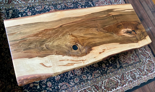 Live Edge Hardwood Ambrosia Maple Coffee Table with Deeply Rich Heartwood Center and Rough Sawn Edge Accents