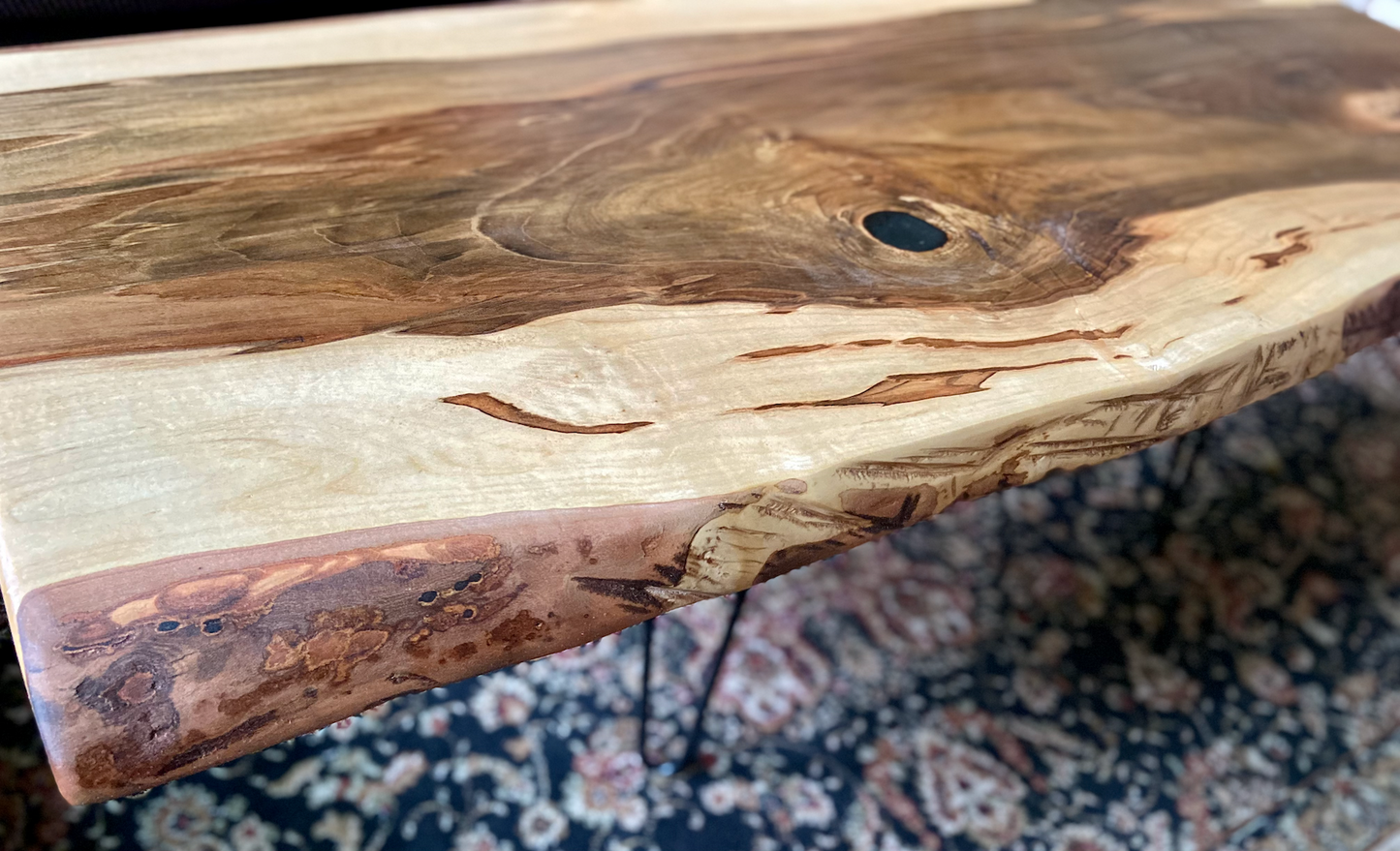 Live Edge Hardwood Ambrosia Maple Coffee Table with Deeply Rich Heartwood Center and Rough Sawn Edge Accents