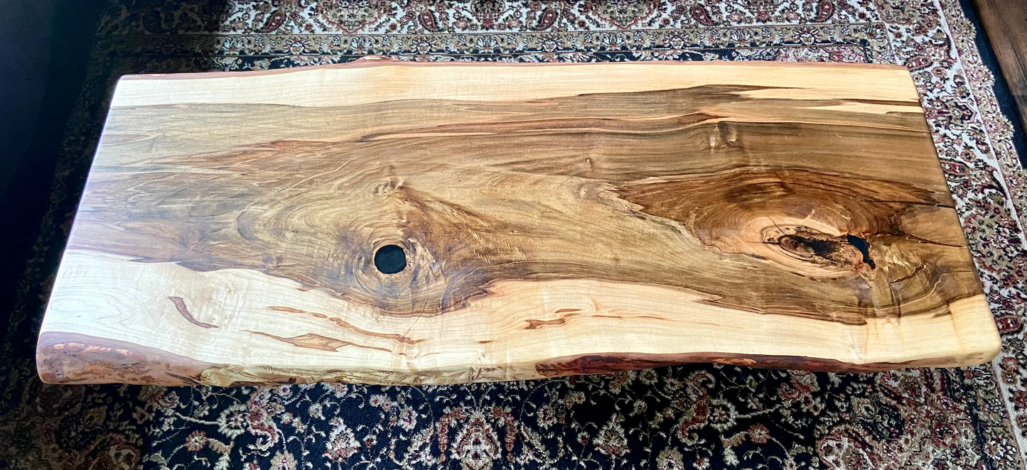 Live Edge Hardwood Ambrosia Maple Coffee Table with Deeply Rich Heartwood Center and Rough Sawn Edge Accents