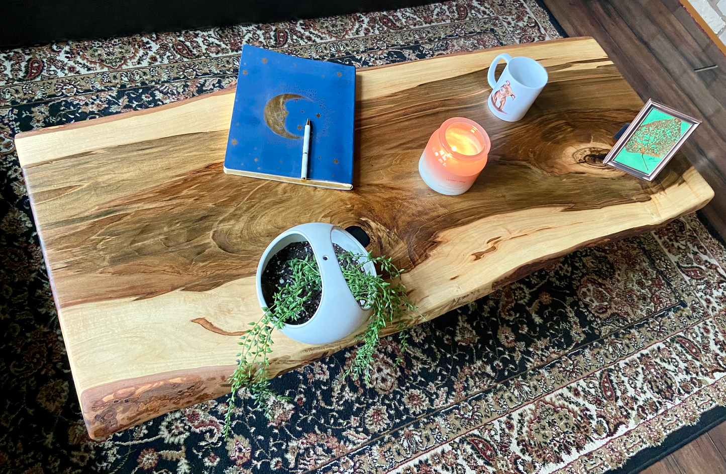 Live Edge Hardwood Ambrosia Maple Coffee Table with Deeply Rich Heartwood Center and Rough Sawn Edge Accents