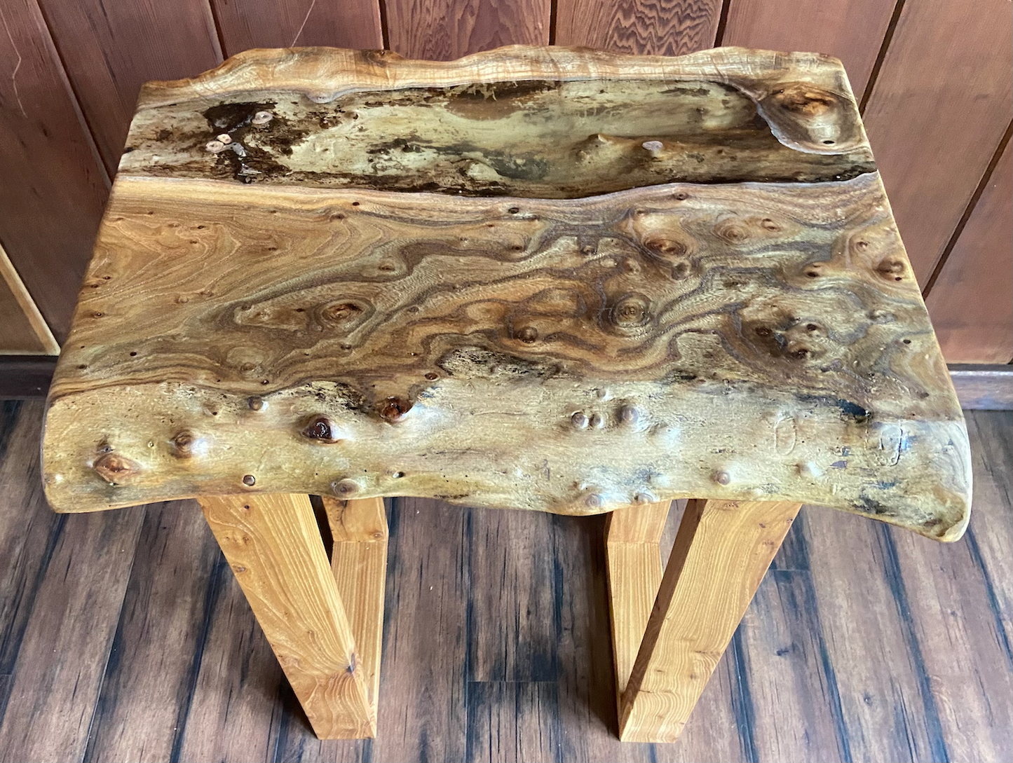 Live Edge Chestnut Burl Display Table with Clear Epoxy