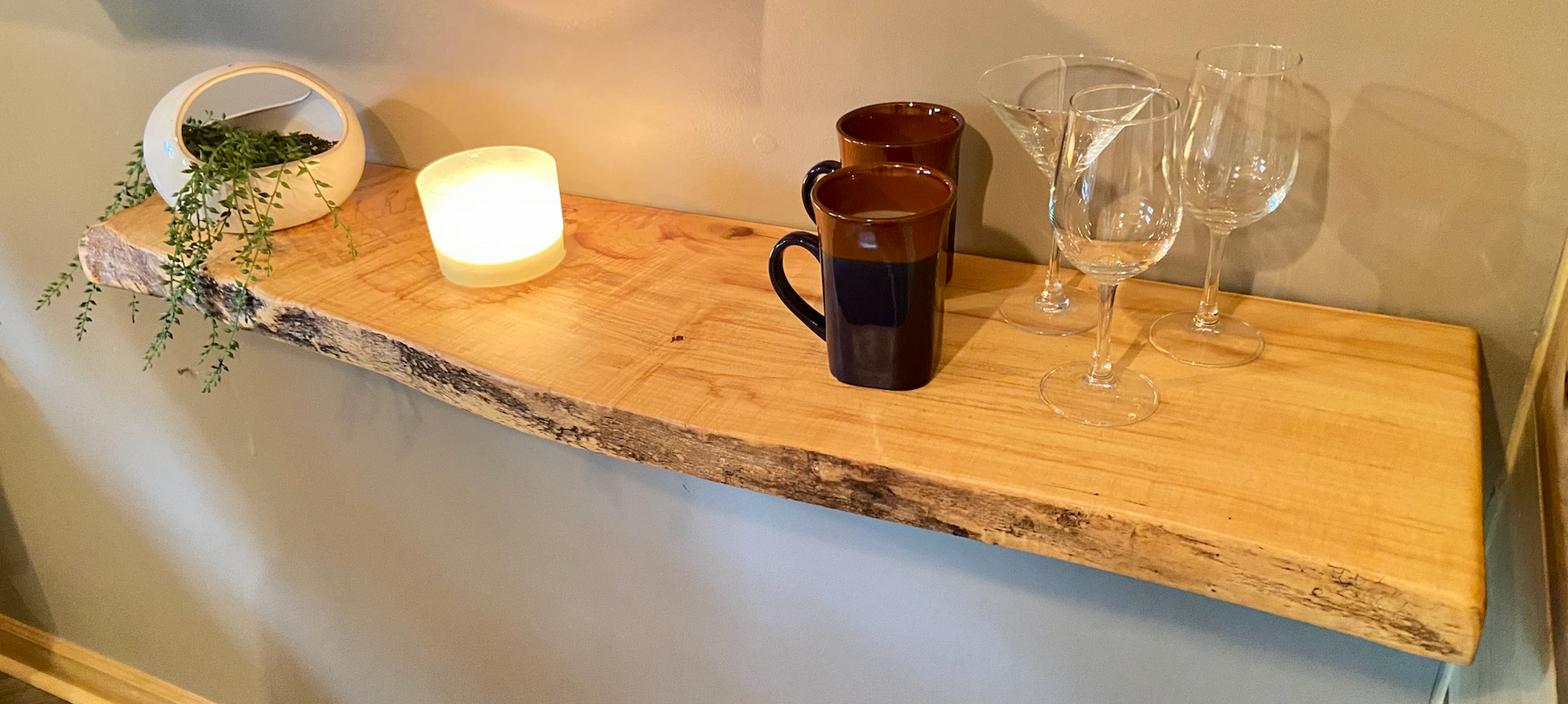 Set of 2 Live Edge Maple Flame Boxelder Wood Floating Display Shelves|Live Edge Maple Wood Wall Hanging Shelves|Hanging Wood Plant Shelves