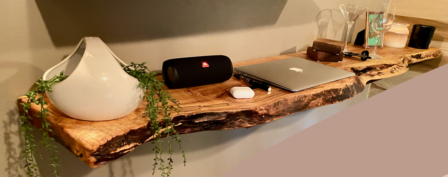 High Figure Live Edge Spalted Maple Organizer Shelf with Naturally Wavy Edge