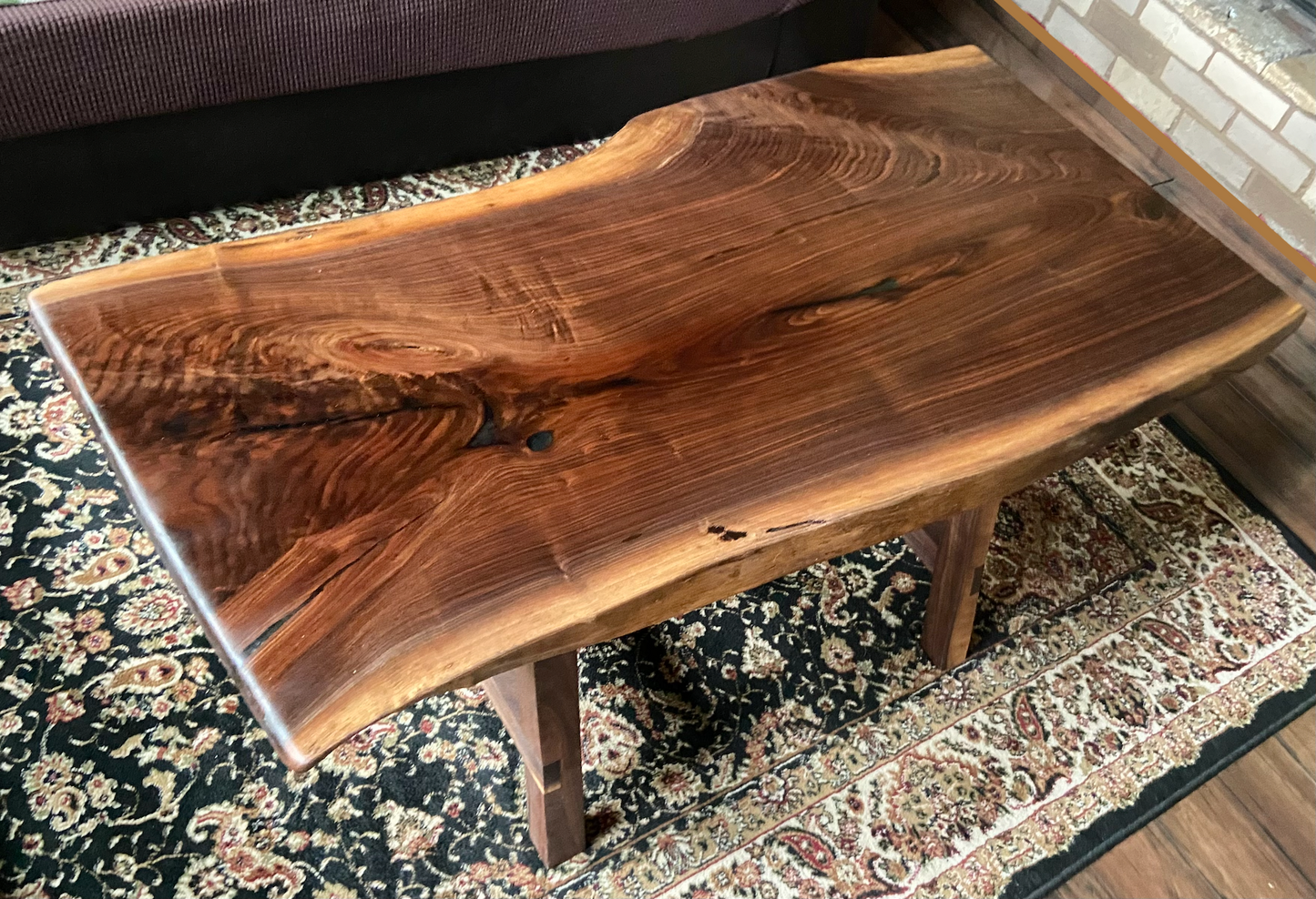 Slightly Forked Live Edge Black Walnut Coffee Table with High Figure and Vibrant Grain Patterns