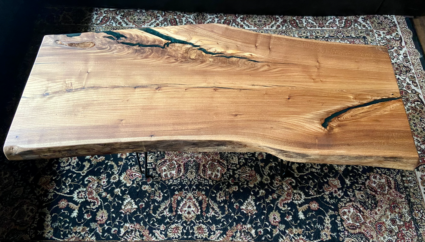 Natural Live Edge Chestnut Wood and Epoxy Coffee Table|Live Edge Wood Table|Rustic Wood Table|Live Edge Coffee Table|Wood Display Table