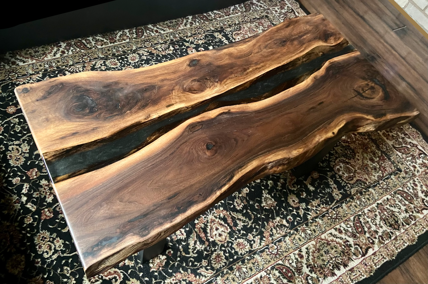 Rustic and Contemporary Live Edge Walnut River Pour Coffee Table w/Black and Clear Epoxy