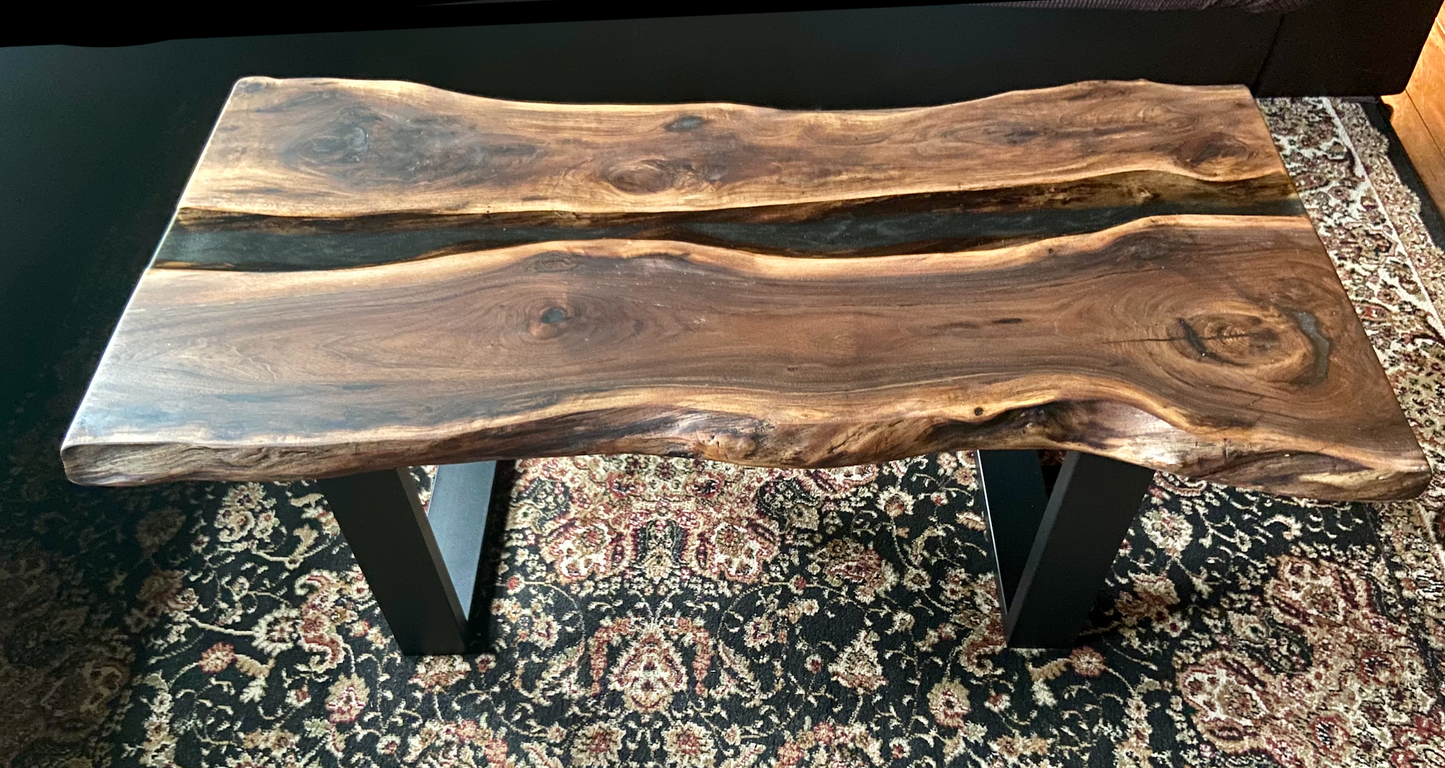 Rustic and Contemporary Live Edge Walnut River Pour Coffee Table w/Black and Clear Epoxy
