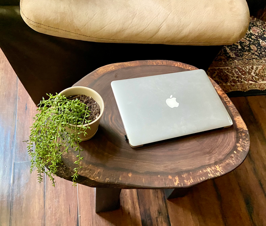  Live Edge Round Walnut Wood Accent Table | Live Edge Walnut Cross Cut Wood End Table | Round Wood Side Table | Rustic Live Edge Side Table