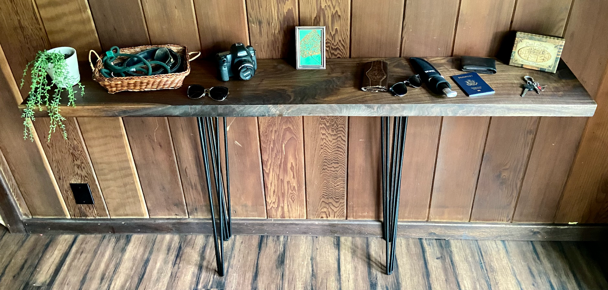 Straight Edge Walnut Console Table|Rustic Industrial Farmhouse Sofa Table|Wood Display Entry Table|Wood Media Table|Modern Console Table