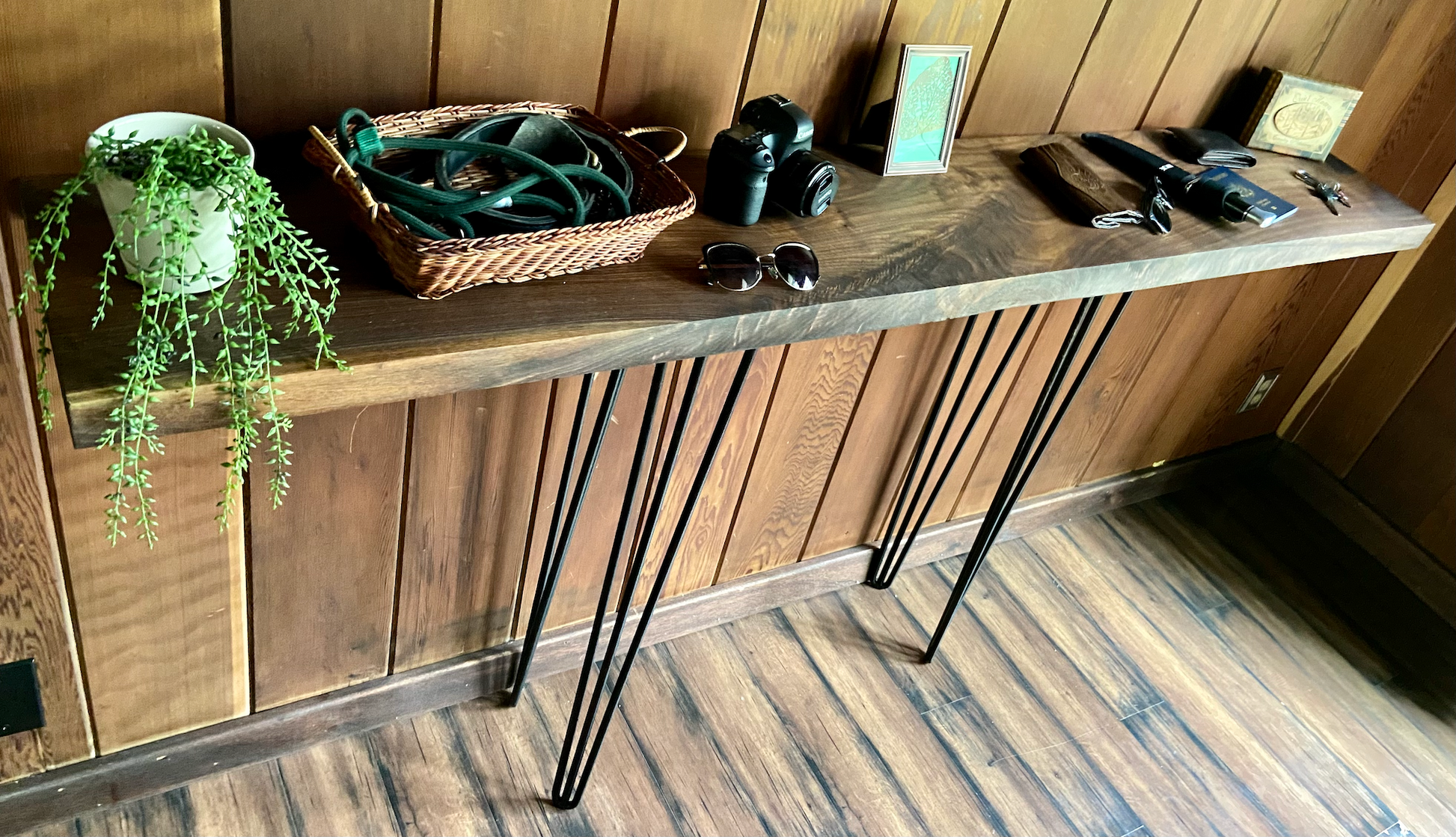 Straight Edge Walnut Console Table|Rustic Industrial Farmhouse Sofa Table|Wood Display Entry Table|Wood Media Table|Modern Console Table