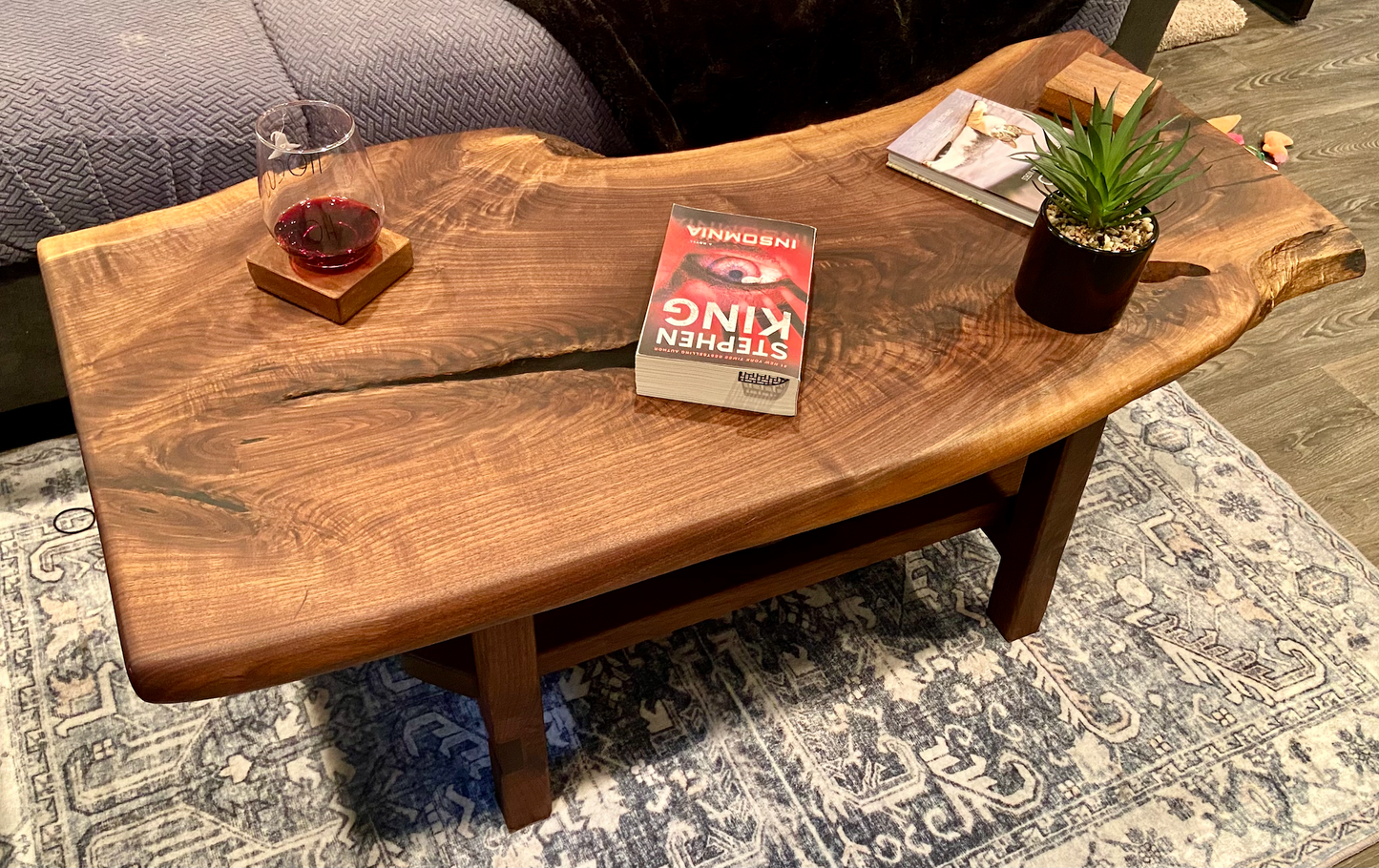 Beautifully Shaped Live Edge Walnut Coffee Table with Custom Walnut A-Shape Legs and Shelf