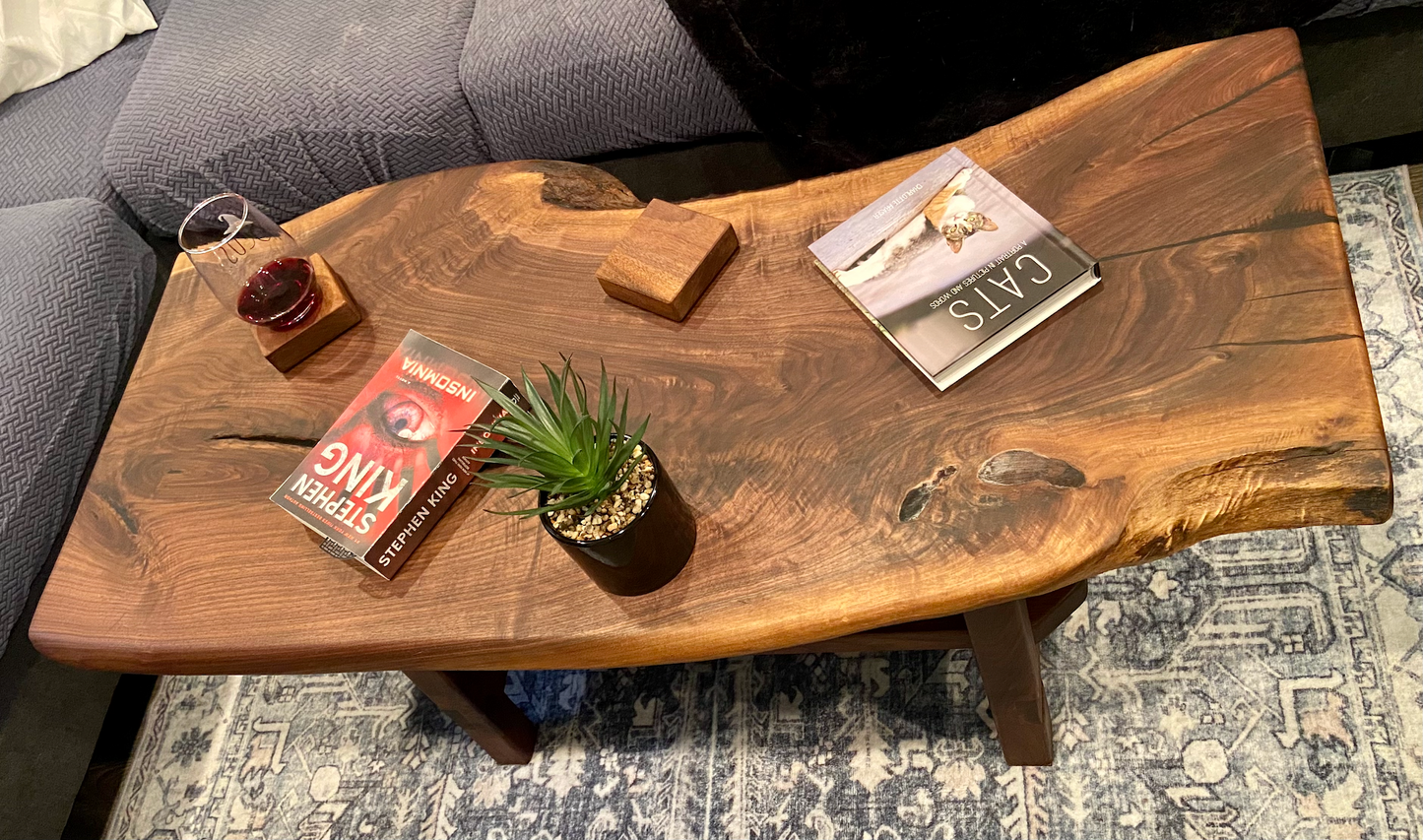 Beautifully Shaped Live Edge Walnut Coffee Table with Custom Walnut A-Shape Legs and Shelf