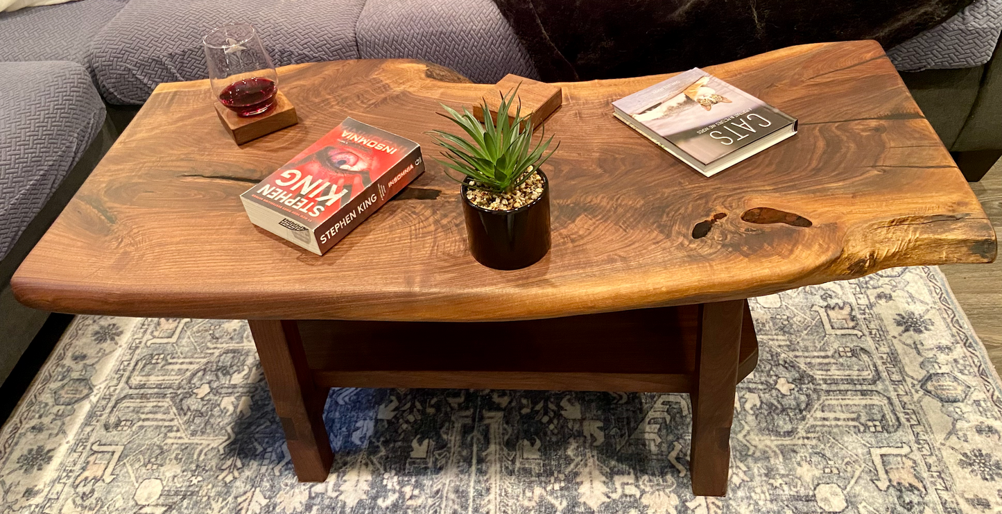 Beautifully Shaped Live Edge Walnut Coffee Table with Custom Walnut A-Shape Legs and Shelf