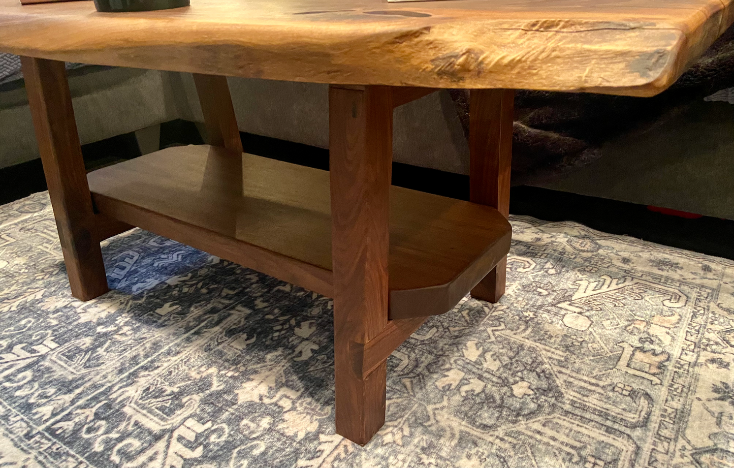 Beautifully Shaped Live Edge Walnut Coffee Table with Custom Walnut A-Shape Legs and Shelf