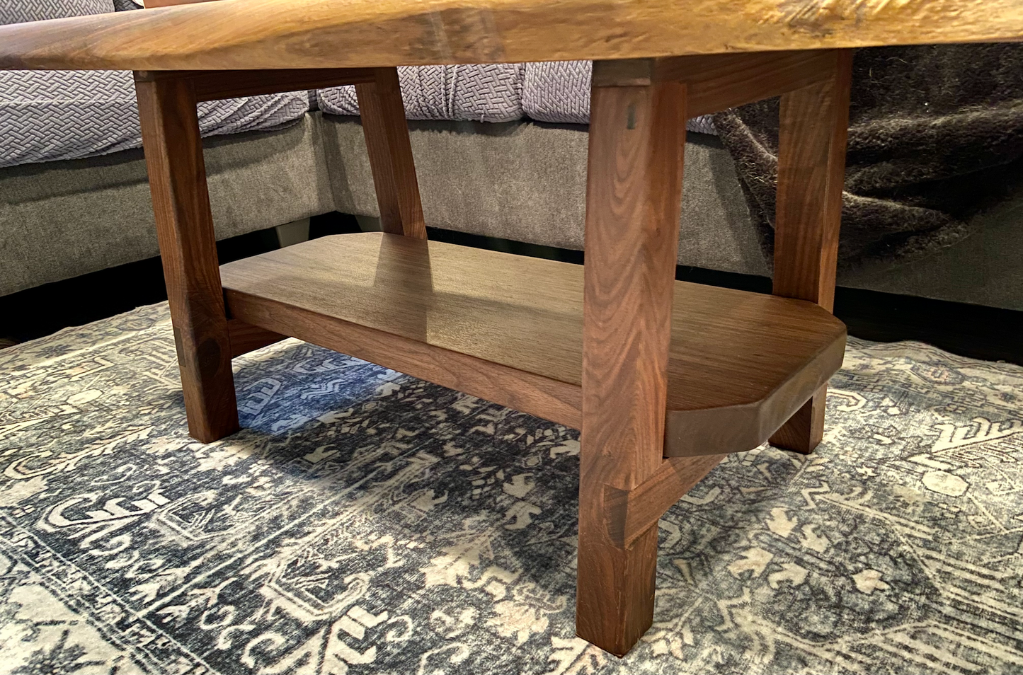 Beautifully Shaped Live Edge Walnut Coffee Table with Custom Walnut A-Shape Legs and Shelf