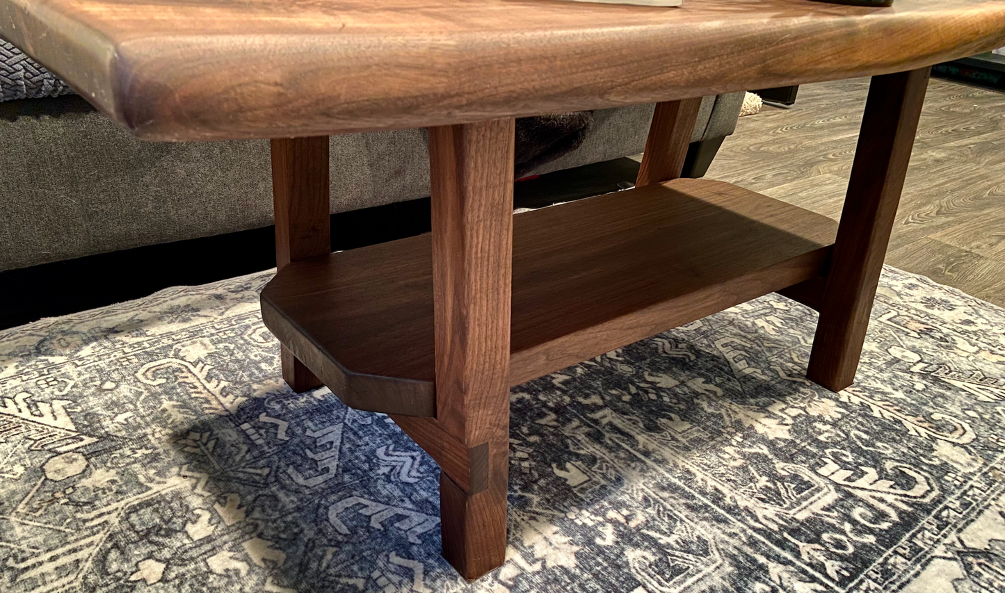 Beautifully Shaped Live Edge Walnut Coffee Table with Custom Walnut A-Shape Legs and Shelf