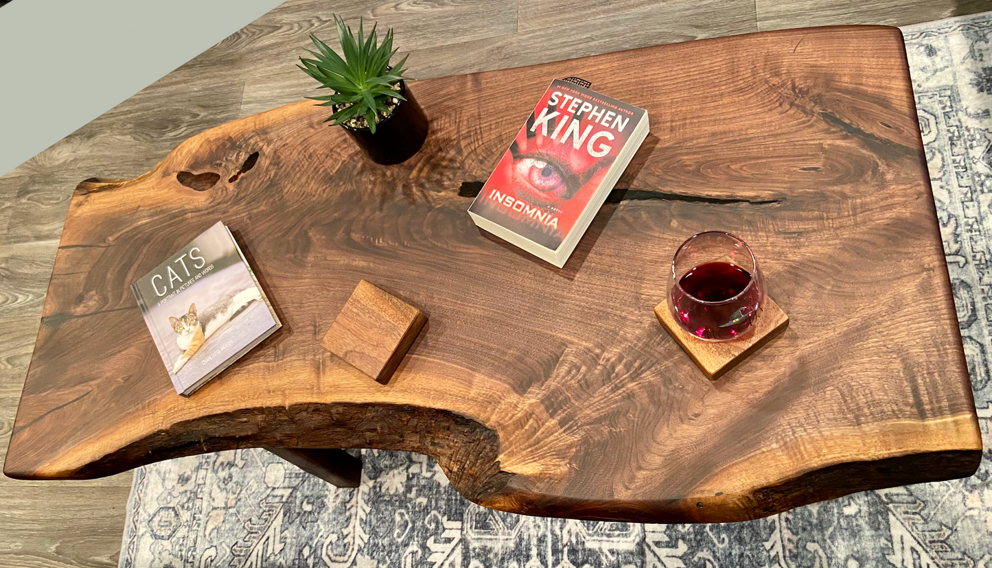 Beautifully Shaped Live Edge Walnut Coffee Table with Custom Walnut A-Shape Legs and Shelf