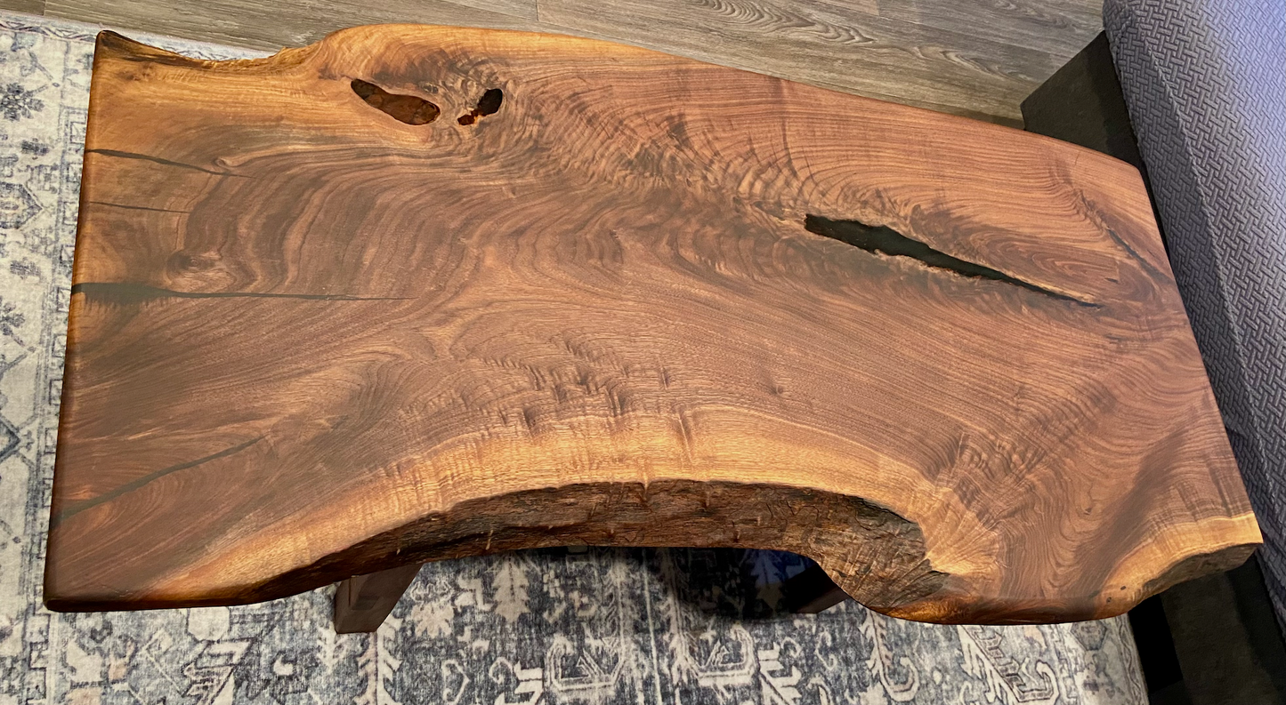 Beautifully Shaped Live Edge Walnut Coffee Table with Custom Walnut A-Shape Legs and Shelf