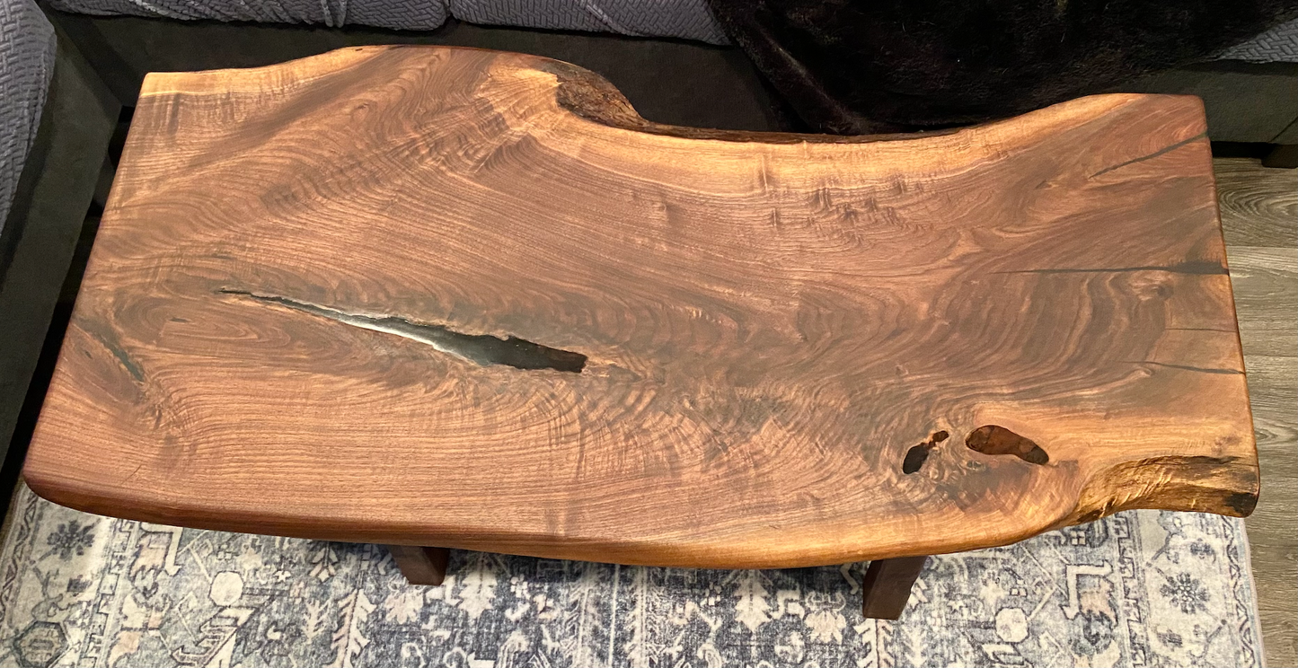 Beautifully Shaped Live Edge Walnut Coffee Table with Custom Walnut A-Shape Legs and Shelf