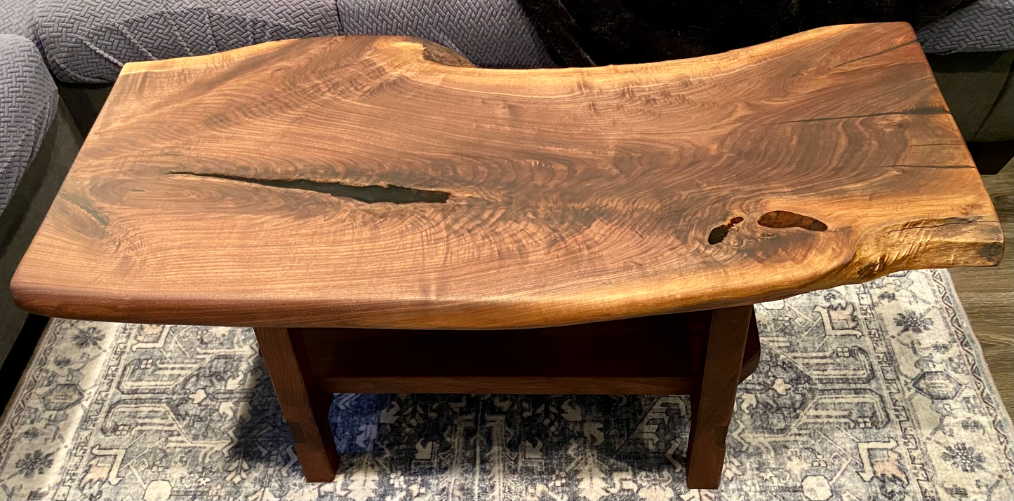 Beautifully Shaped Live Edge Walnut Coffee Table with Custom Walnut A-Shape Legs and Shelf