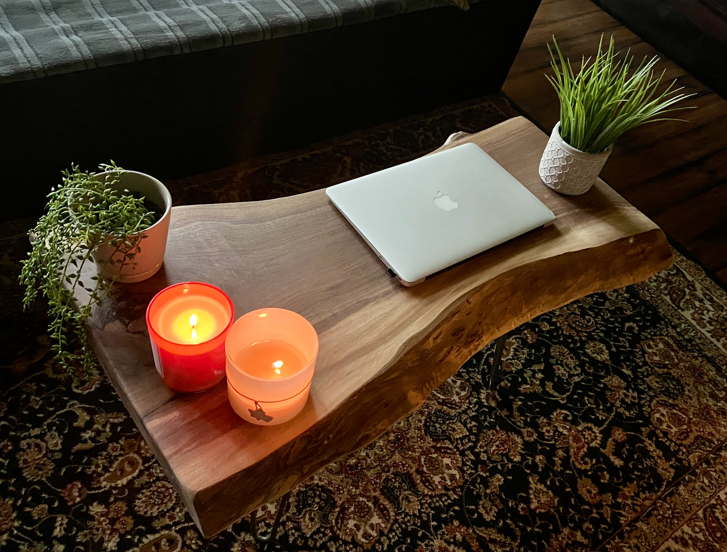SET - Rustic Live Edge Walnut Wood Coffee Table and Live Edge Walnut Floating Shelf Furniture Set