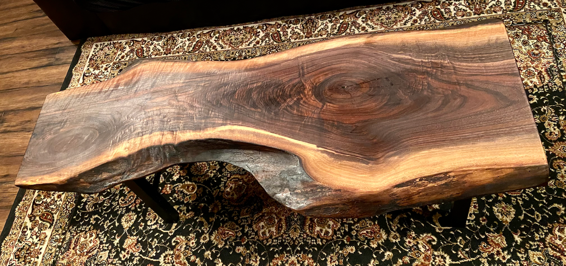 Gorgeously Patterned & Uniquely Shaped Live Edge Walnut Coffee Table|Live Edge Media Console Table | Rustic Live Edge Wood Display Table