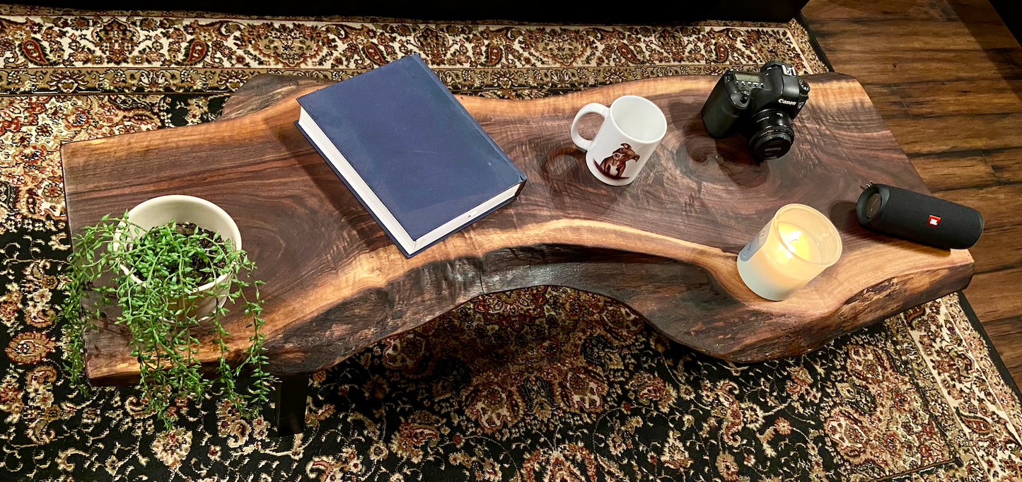 Gorgeously Patterned & Uniquely Shaped Live Edge Walnut Coffee Table|Live Edge Media Console Table | Rustic Live Edge Wood Display Table
