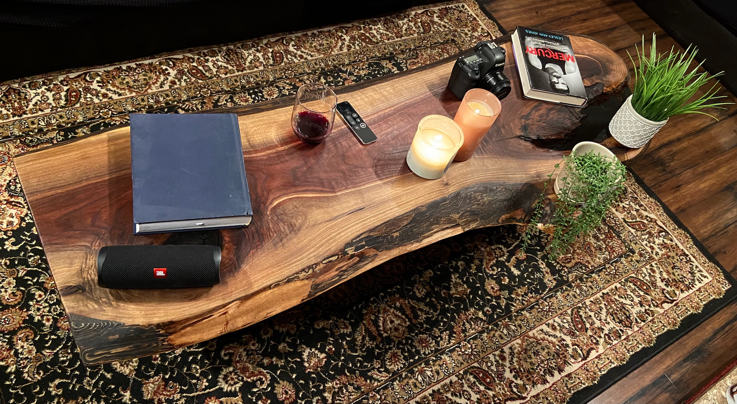 Black Walnut Live Edge Rustic Coffee Table w/ Gray-Green Epoxy|Live Edge Wood Epoxy Table|Round Coffee Table|Large Wood Coffee Table